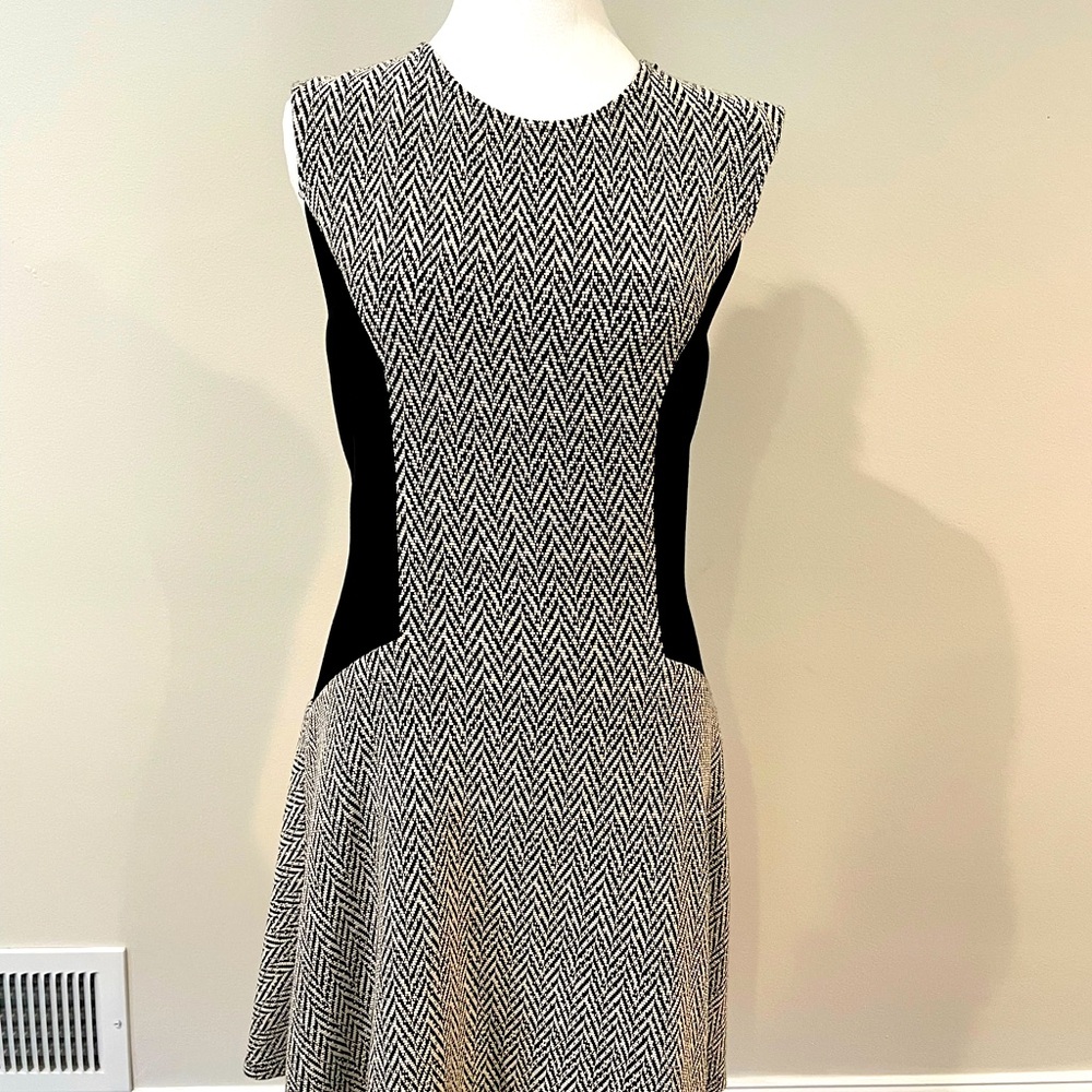 Black and white chevron, exposed zipper fit and flare dress.